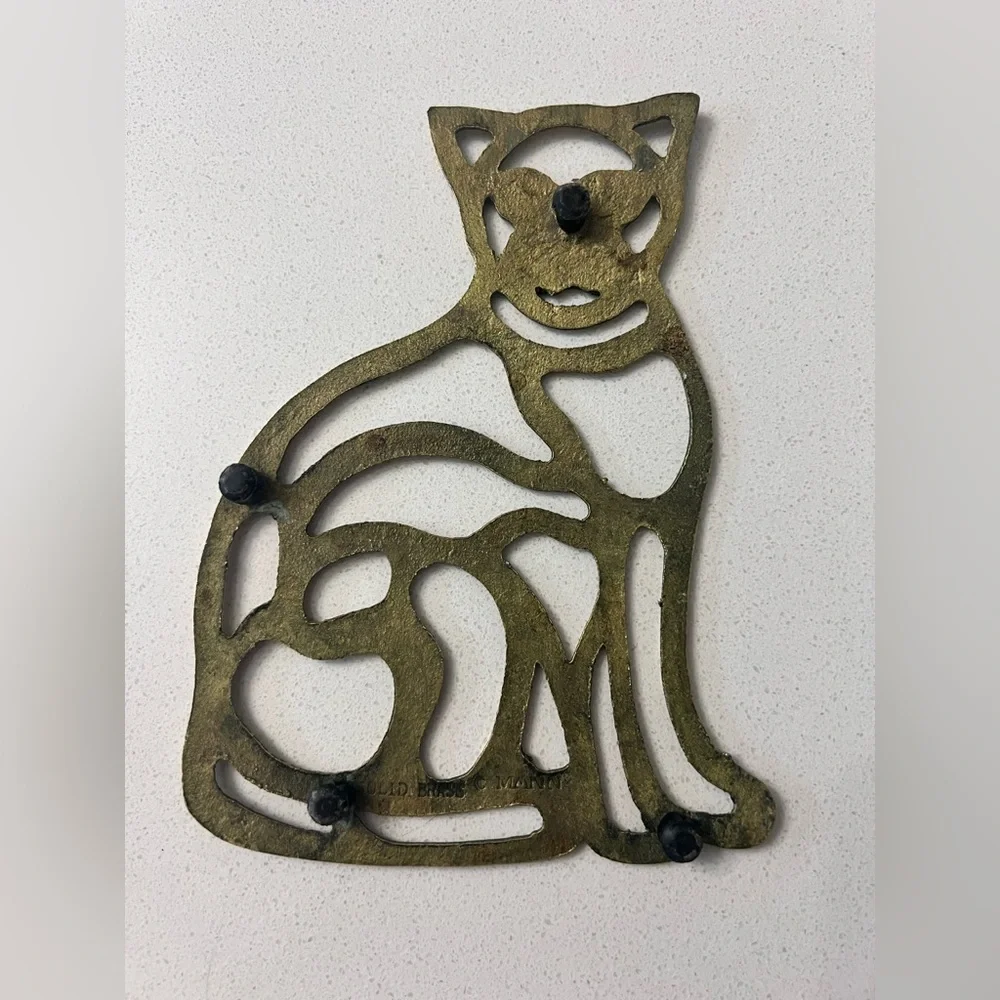 Vintage‎ 1980s Solid Brass Kitty Cat Trivet Stamped Mann